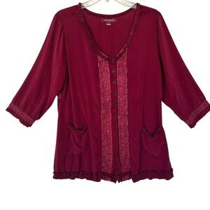 April Cornell L Red Burgundy V Neck Peasant Cottagecore Tunic 3/4 Sleeve Lace